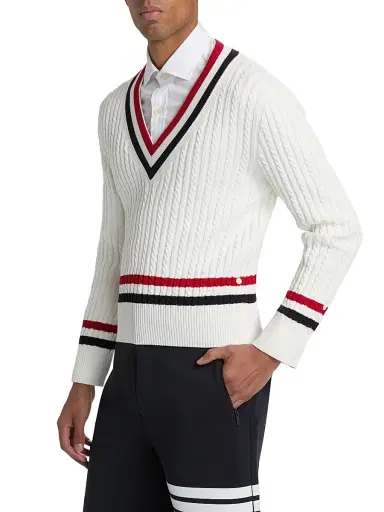 Thom Browne Men's Cable-Knit Cotton Cricket Sweater | Thumbnail 4 Thom Browne Men's Cable-Knit Cotton Cricket Sweater | Thumbnail 4
