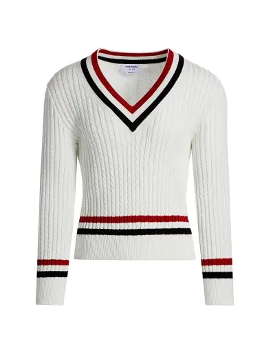 Thom Browne Men's Cable-Knit Cotton Cricket Sweater | Thumbnail 1 Thom Browne Men's Cable-Knit Cotton Cricket Sweater | Thumbnail 1