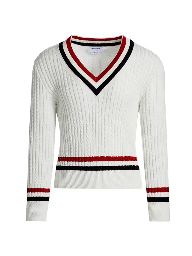 Thom Browne Men's Cable-Knit Cotton Cricket Sweater - White