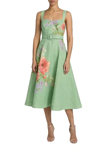 Hemant & Nandita Women's Tie-Waist Floral A-Line Midi-Dress - Green - Size XS | Thumbnail 3