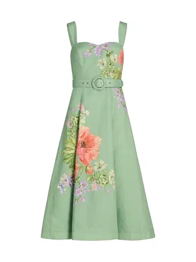 Hemant & Nandita Women's Tie-Waist Floral A-Line Midi-Dress - Green - Size XS | Thumbnail 1