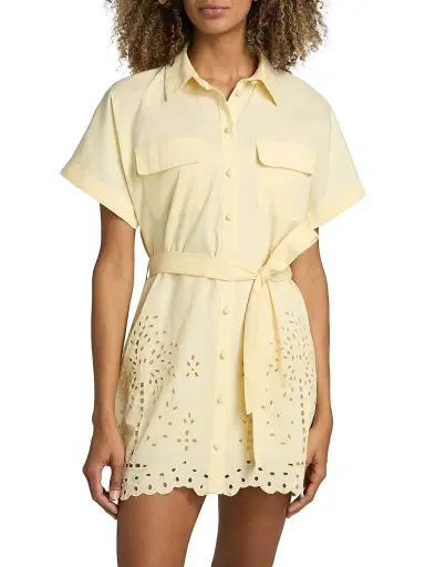Hemant & Nandita Women's Bagh Belted Schiffli Cotton Mini Shirtdress - Yellow - Size XL | Thumbnail 3
