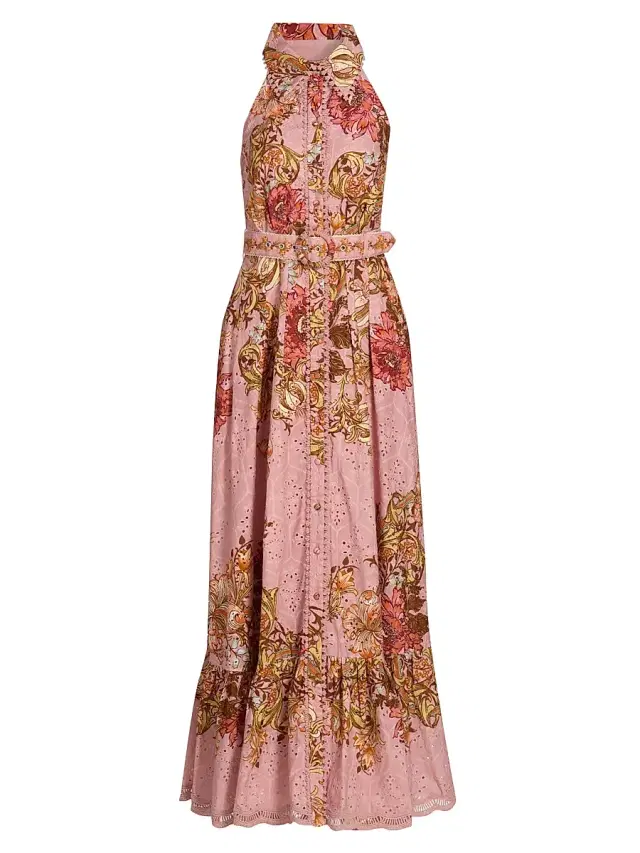 Women's Sula Floral Cotton Tie-Waist Maxi Shirtdress - Dusty Pink