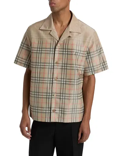 Burberry Men's Hugh Faded Check Camp Shirt - Sand Ip Check | Thumbnail 3