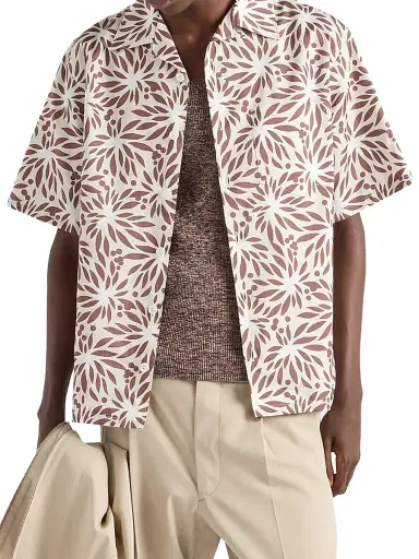 Prada Men's Printed Cotton Bowling Shirt - Beige Khaki | Thumbnail 2 Prada Men's Printed Cotton Bowling Shirt - Beige Khaki | Thumbnail 2