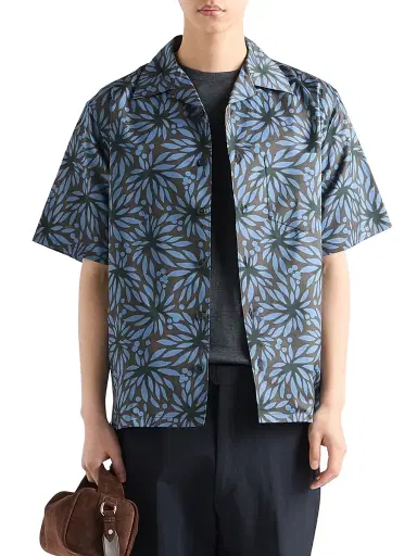 Prada Men's Printed Cotton Bowling Shirt - Beige Khaki | Thumbnail 9 Prada Men's Printed Cotton Bowling Shirt - Beige Khaki | Thumbnail 9
