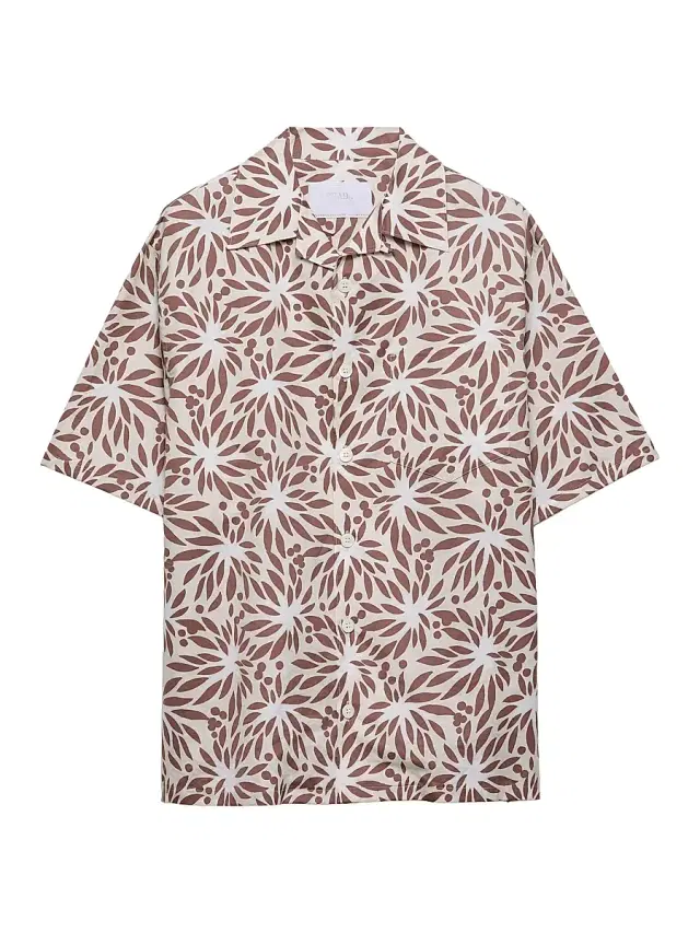 Men's Printed Cotton Bowling Shirt - Beige Khaki