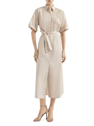 Brunello Cucinelli Women's Techno Cotton Poplin Dress with Dazzling Seabed Embroidery - Silk - Size XL | Thumbnail 2