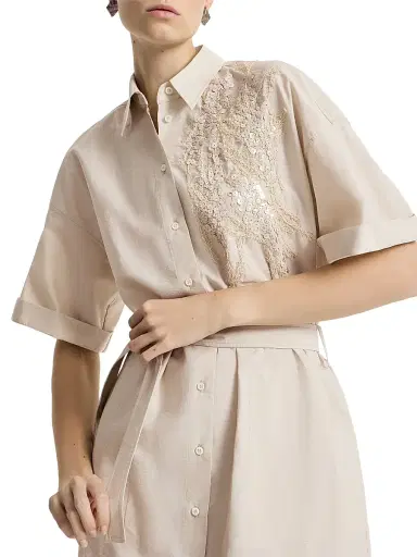 Brunello Cucinelli Women's Techno Cotton Poplin Dress with Dazzling Seabed Embroidery - Silk - Size XL | Thumbnail 5