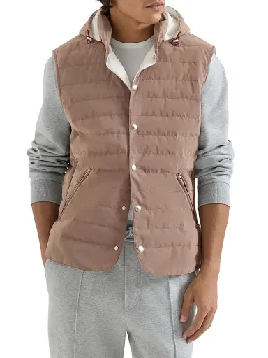 Brunello Cucinelli Men's Bonded Nylon Down Vest with Detachable Hood - Hazelnut - Size XXL | Thumbnail 2 Brunello Cucinelli Men's Bonded Nylon Down Vest with Detachable Hood - Hazelnut - Size XXL | Thumbnail 2