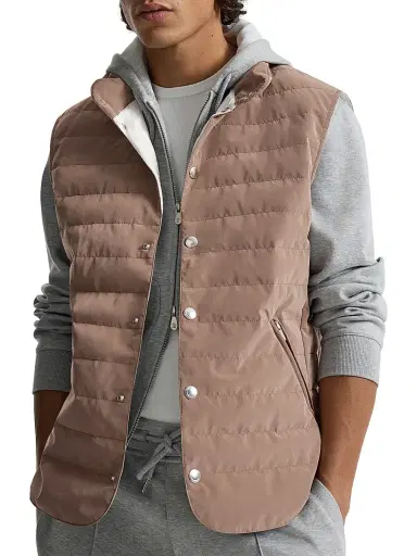 Brunello Cucinelli Men's Bonded Nylon Down Vest with Detachable Hood - Hazelnut - Size XXL | Thumbnail 4 Brunello Cucinelli Men's Bonded Nylon Down Vest with Detachable Hood - Hazelnut - Size XXL | Thumbnail 4