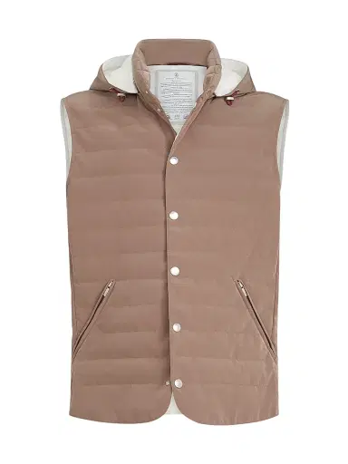 Brunello Cucinelli Men's Bonded Nylon Down Vest with Detachable Hood - Hazelnut - Size XXL | Thumbnail 1 Brunello Cucinelli Men's Bonded Nylon Down Vest with Detachable Hood - Hazelnut - Size XXL | Thumbnail 1