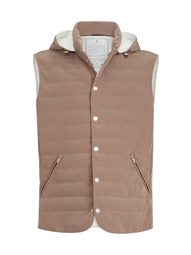 Brunello Cucinelli Men's Bonded Nylon Down Vest with Detachable Hood - Hazelnut