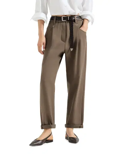 Brunello Cucinelli Women's Stretch Cotton Cover Baggy Pull On Trousers with Shiny Bartack - Brown - Size 0 | Thumbnail 2