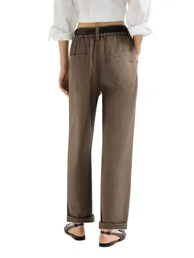 Brunello Cucinelli Women's Stretch Cotton Cover Baggy Pull On Trousers with Shiny Bartack - Brown - Size 0 | Thumbnail 3