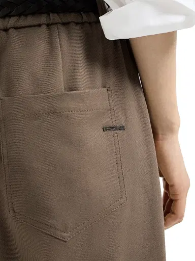 Brunello Cucinelli Women's Stretch Cotton Cover Baggy Pull On Trousers with Shiny Bartack - Brown - Size 0 | Thumbnail 4