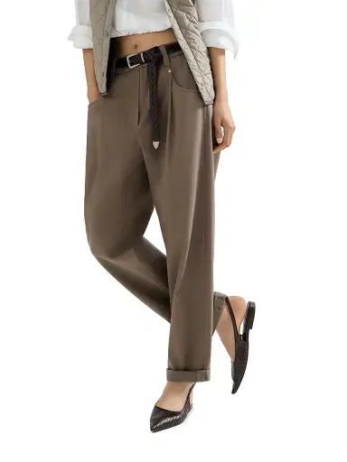 Brunello Cucinelli Women's Stretch Cotton Cover Baggy Pull On Trousers with Shiny Bartack - Brown - Size 0 | Thumbnail 5
