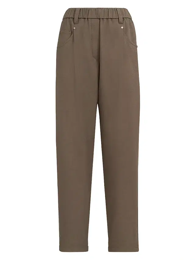 Brunello Cucinelli Women's Stretch Cotton Cover Baggy Pull On Trousers with Shiny Bartack - Brown