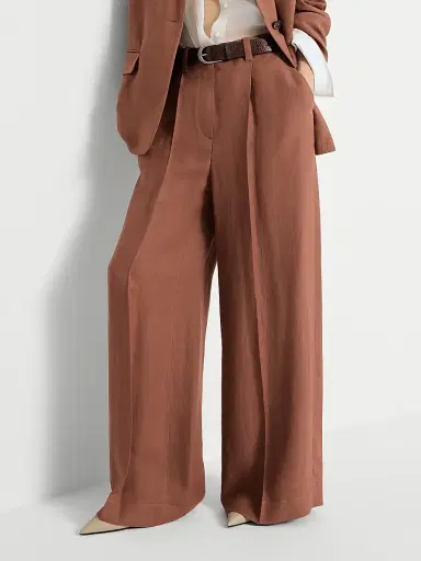 Brunello Cucinelli Women's Viscose and Linen Fluid Twill Wide Trousers with Monili - Red - Size 10 | Thumbnail 5