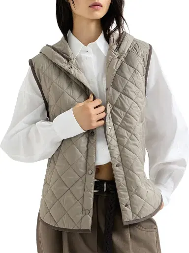 Brunello Cucinelli Women's Lightweight Matte Nylon Quilted Vest with Thermore Padding and Hood - Light Brown - Size 2 | Thumbnail 2