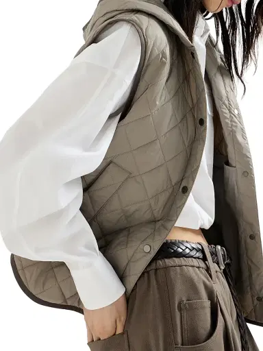 Brunello Cucinelli Women's Lightweight Matte Nylon Quilted Vest with Thermore Padding and Hood - Light Brown - Size 2 | Thumbnail 3