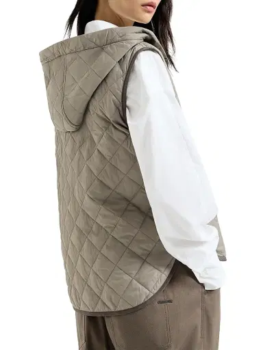 Brunello Cucinelli Women's Lightweight Matte Nylon Quilted Vest with Thermore Padding and Hood - Light Brown - Size 2 | Thumbnail 4