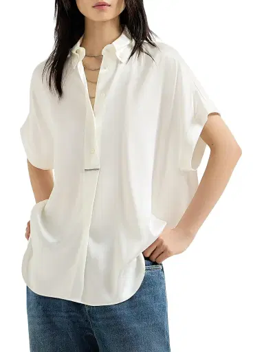 Brunello Cucinelli Women's Stretch Silk Satin Short Sleeve Shirt with Monili - White | Thumbnail 2