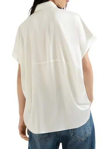 Brunello Cucinelli Women's Stretch Silk Satin Short Sleeve Shirt with Monili - White | Thumbnail 3