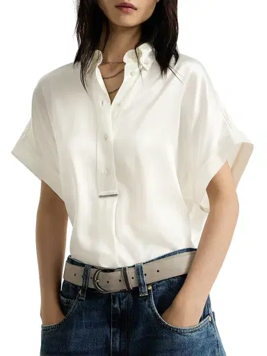 Brunello Cucinelli Women's Stretch Silk Satin Short Sleeve Shirt with Monili - White | Thumbnail 4