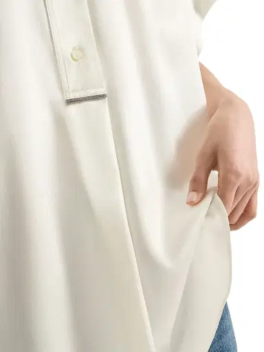 Brunello Cucinelli Women's Stretch Silk Satin Short Sleeve Shirt with Monili - White | Thumbnail 5