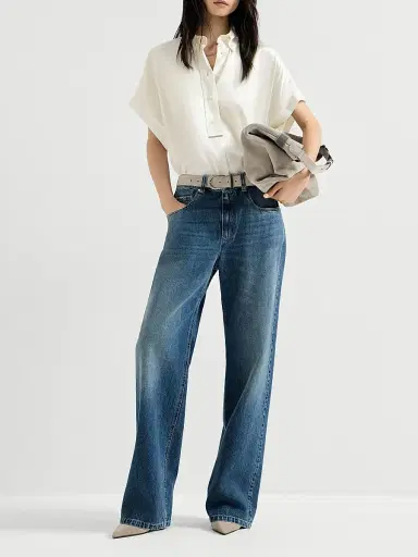 Brunello Cucinelli Women's Stretch Silk Satin Short Sleeve Shirt with Monili - White | Thumbnail 6