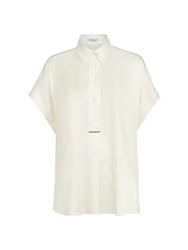 Brunello Cucinelli Women's Stretch Silk Satin Short Sleeve Shirt with Monili - White | Thumbnail 1