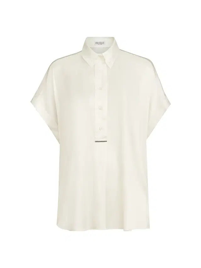 Women's Stretch Silk Satin Short Sleeve Shirt with Monili - White