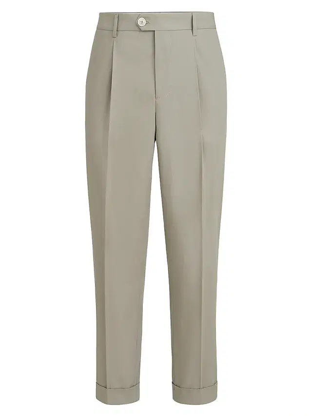 Men's Cotton Crêpe Batavia Trousers with Pleats - Khaki