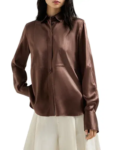 Brunello Cucinelli Women's Stretch Silk Satin Shirt with Monili - Cocoa | Thumbnail 2 Brunello Cucinelli Women's Stretch Silk Satin Shirt with Monili - Cocoa | Thumbnail 2