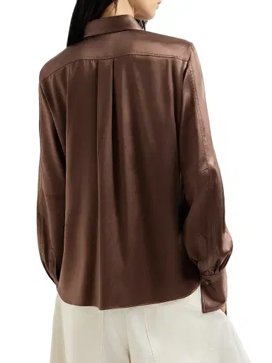 Brunello Cucinelli Women's Stretch Silk Satin Shirt with Monili - Cocoa | Thumbnail 3 Brunello Cucinelli Women's Stretch Silk Satin Shirt with Monili - Cocoa | Thumbnail 3