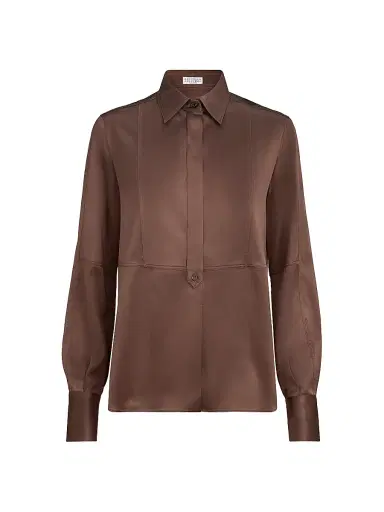 Brunello Cucinelli Women's Stretch Silk Satin Shirt with Monili - Cocoa | Thumbnail 1 Brunello Cucinelli Women's Stretch Silk Satin Shirt with Monili - Cocoa | Thumbnail 1
