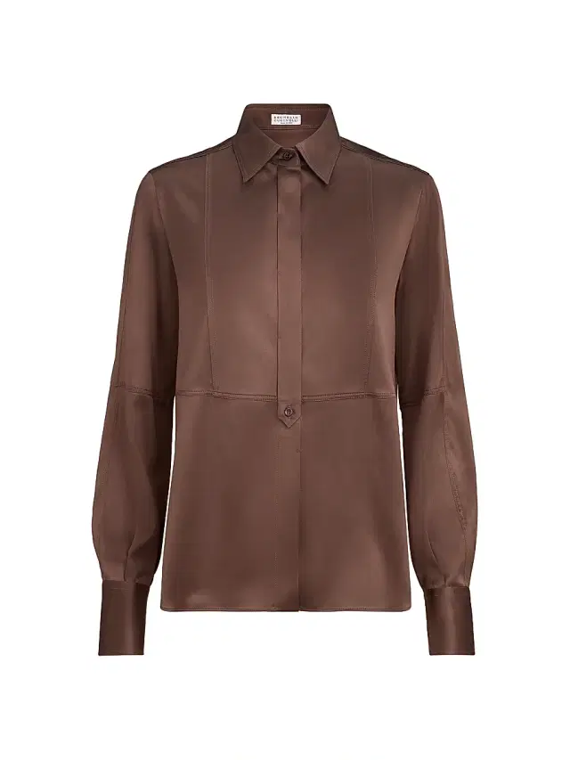 Women's Stretch Silk Satin Shirt with Monili - Cocoa