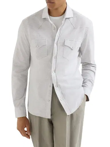 Brunello Cucinelli Men's Cotton Piqué Western Shirt - Light Grey - Size XL | Thumbnail 2