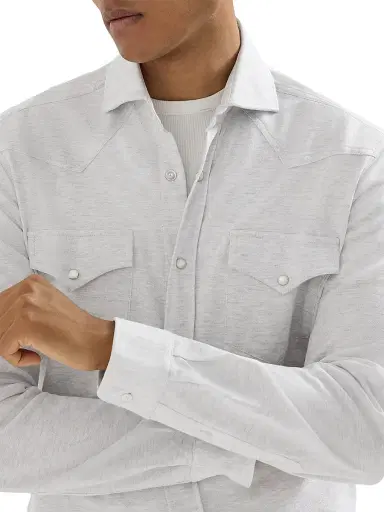 Brunello Cucinelli Men's Cotton Piqué Western Shirt - Light Grey - Size XL | Thumbnail 4