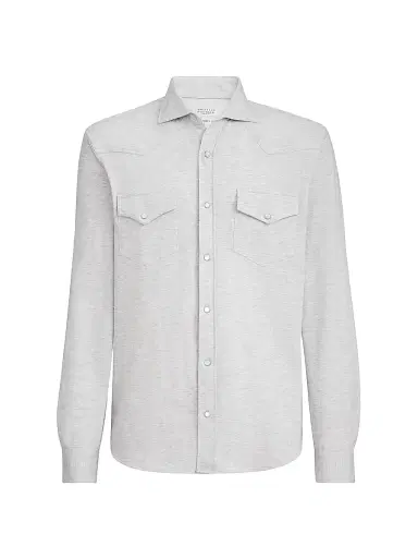 Brunello Cucinelli Men's Cotton Piqué Western Shirt - Light Grey - Size XL | Thumbnail 1