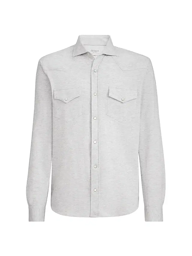 Brunello Cucinelli Men's Cotton Piqué Western Shirt - Light Grey
