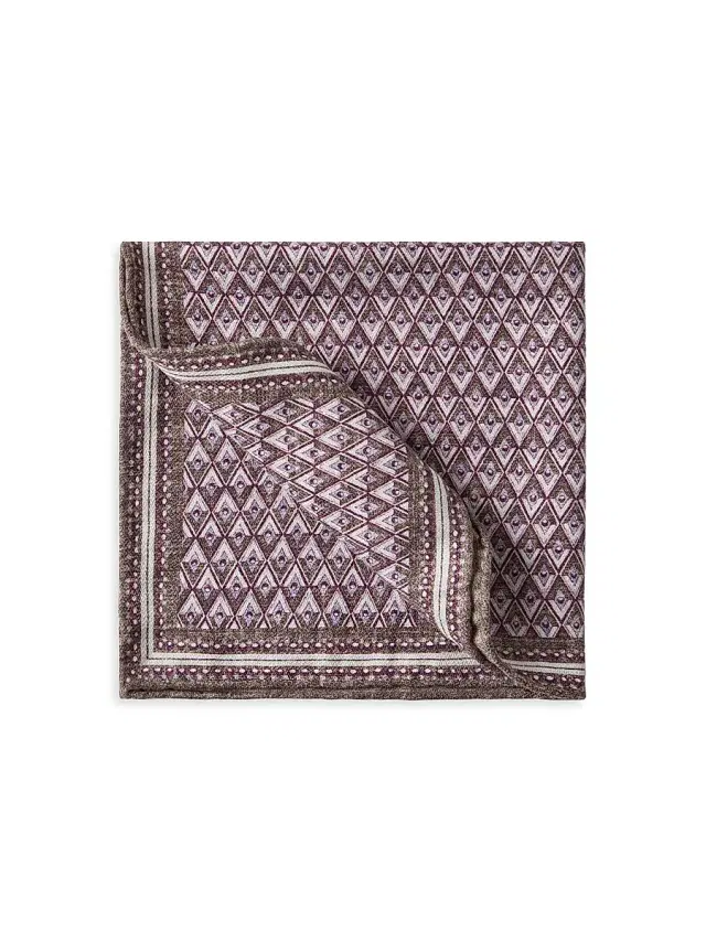 Brunello Cucinelli Men's Silk Pocket Square with Geometric Design - Bordeaux