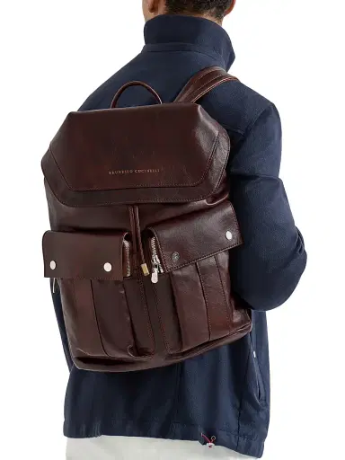Brunello Cucinelli Men's Calfskin Leisure Backpack - Rust Brown | Thumbnail 2