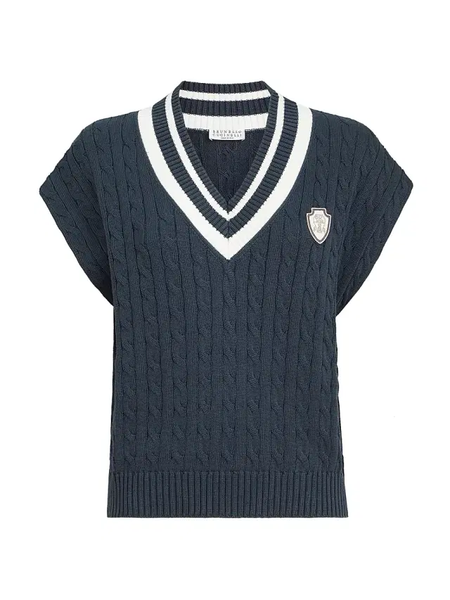 Women's Cotton Cable Knit Sweater with Logo - Blue