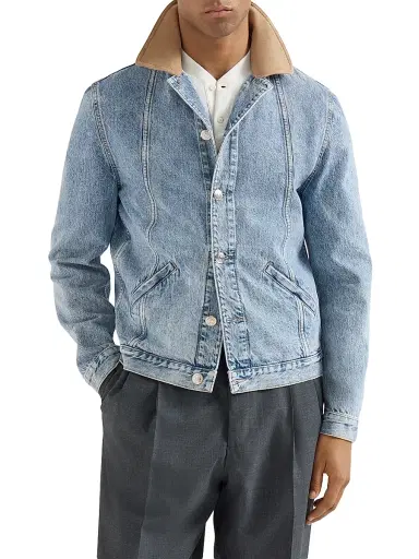 Brunello Cucinelli Men's Denim Outerwear Jacket with Suede Collar - Light Denim | Thumbnail 2 Brunello Cucinelli Men's Denim Outerwear Jacket with Suede Collar - Light Denim | Thumbnail 2