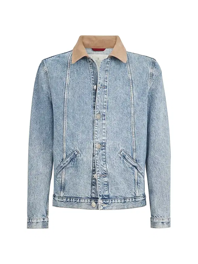 Brunello Cucinelli Men's Denim Outerwear Jacket with Suede Collar - Light Denim
