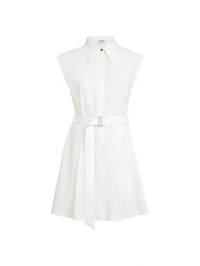 Brunello Cucinelli Women's Techno Cotton Texture Twill Belted Mini Shirt Dress with Monili - Panama