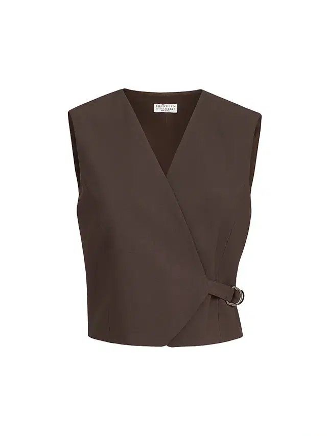 Brunello Cucinelli Women's Tropical Luxury Wool Vest with Monili - Cocoa