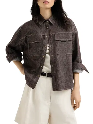 Brunello Cucinelli Women's Sparkling No Fade Denim Shirt with Shiny Flap Detail - Cocoa | Thumbnail 2 Brunello Cucinelli Women's Sparkling No Fade Denim Shirt with Shiny Flap Detail - Cocoa | Thumbnail 2
